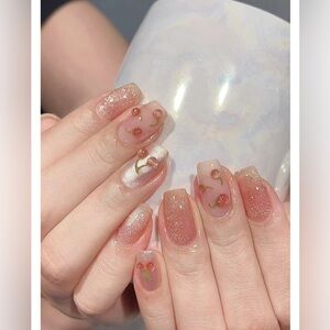 Medium Coffin Length Press On Nails Glitter Cherry 3d Accent Nails